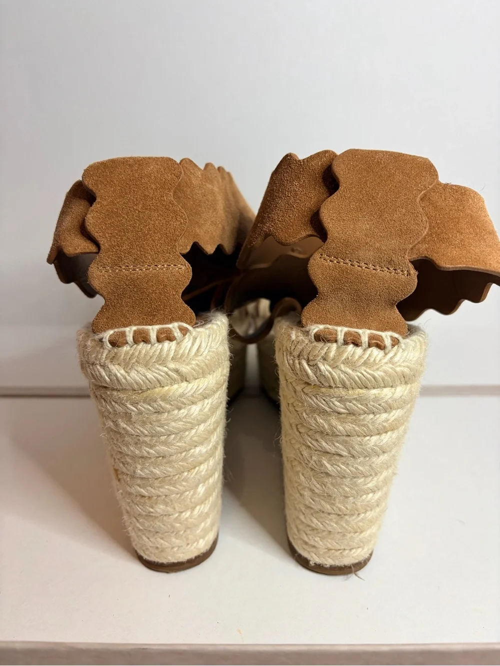 Chloe Suede Scalloped Espadrille Sandals in Tan